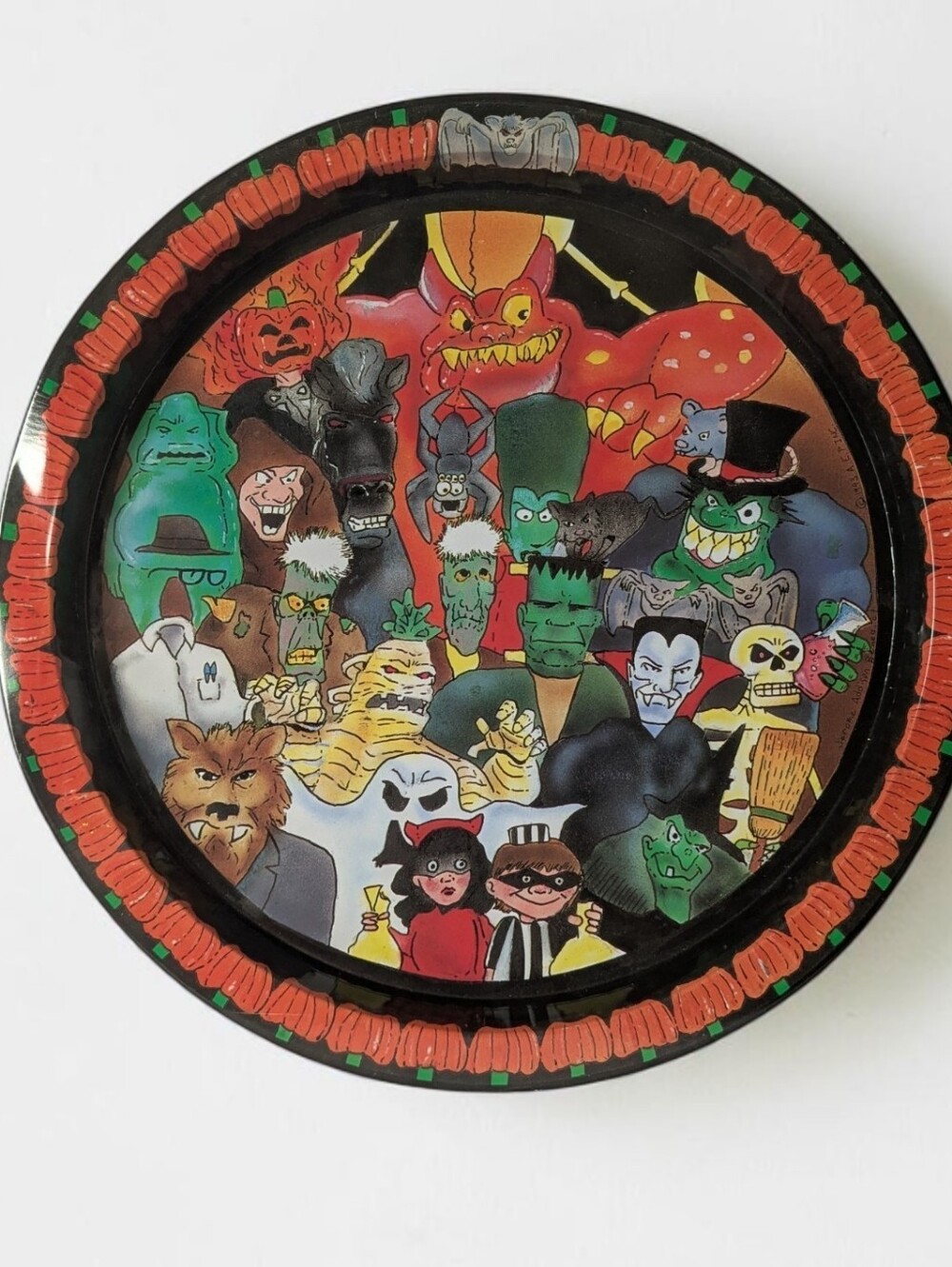 Vintage 1991 Halloween Metal Serving Tray 13" Retro Monster Crowd Price Products
